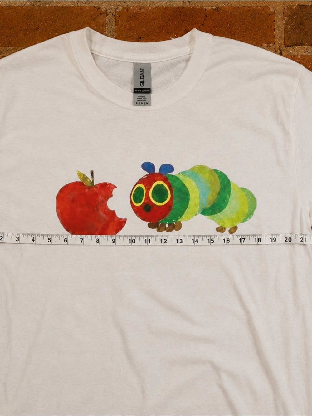 Gildan White Kids Tee with Colorful Caterpillar & Red Apple Graphic - Picture 3 of 4